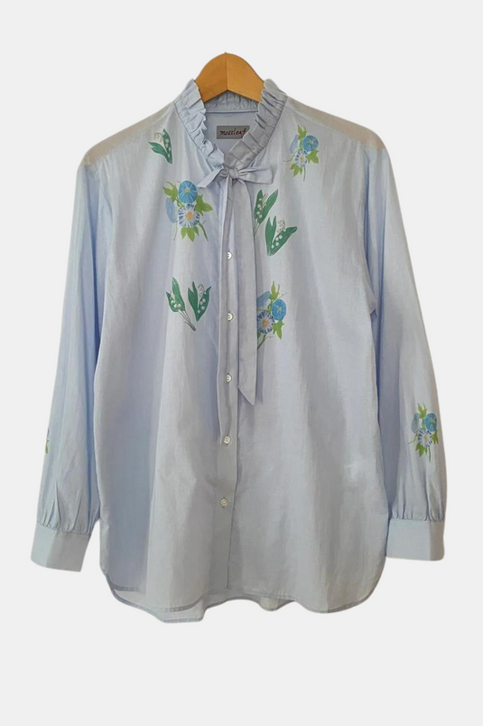 Claire - Ruffle and Ribbon Neck Blouse with Morning Glory Flower Print - Aqua