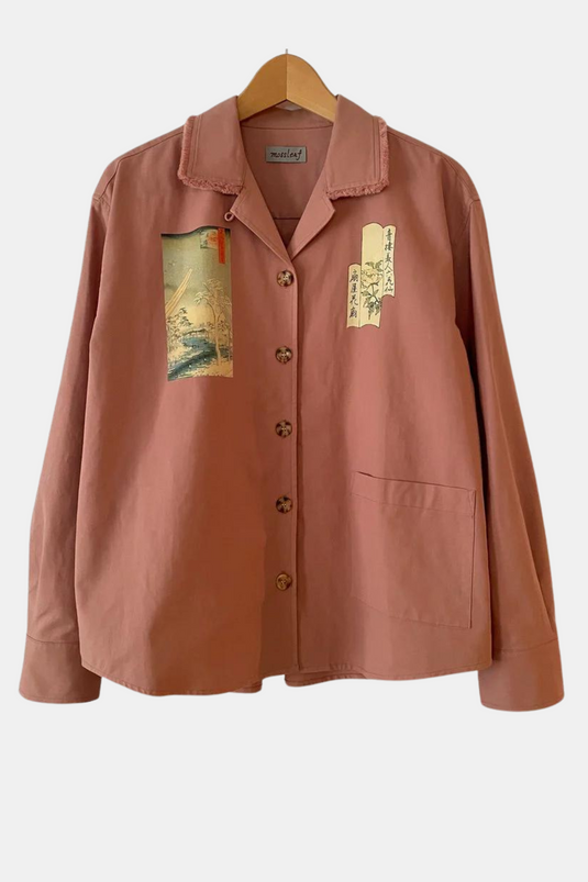 Oaklee - Open Collar Shirt Jacket with Japanese Old Art Print - Old Rose