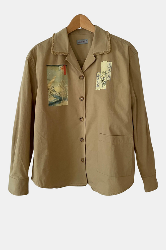 Oaklee - Open Collar Shirt Jacket with Japanese Old Art Print - Pear