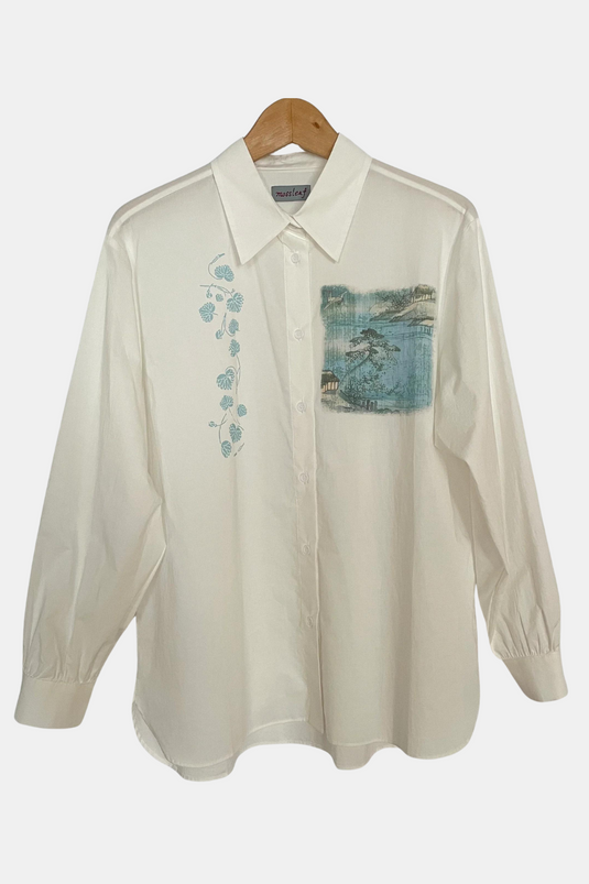 Willa - Pointed Collar Shirt with Asian Painting Print - White